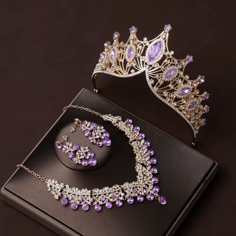 Itacazzo Bridal Headwear Set of Four Crown&Necklace&Earrings Gold-Colour Women'S Classic Wedding Tiaras