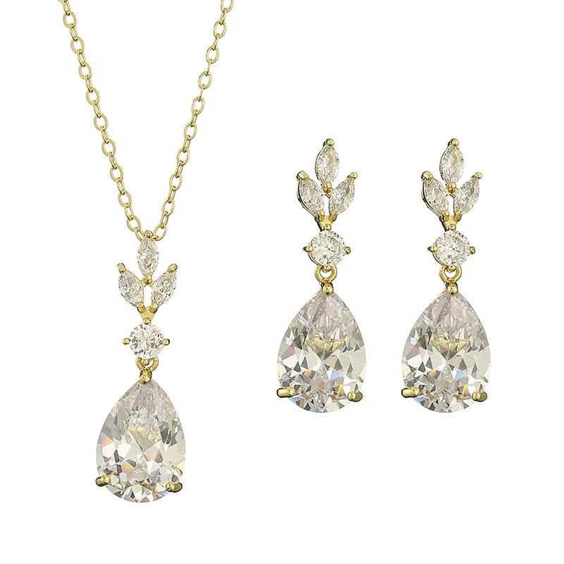 AAA Cubic Zirconia Leaf Dangle Earrings Necklace for Women Luxury Bridal Wedding Jewelry Set