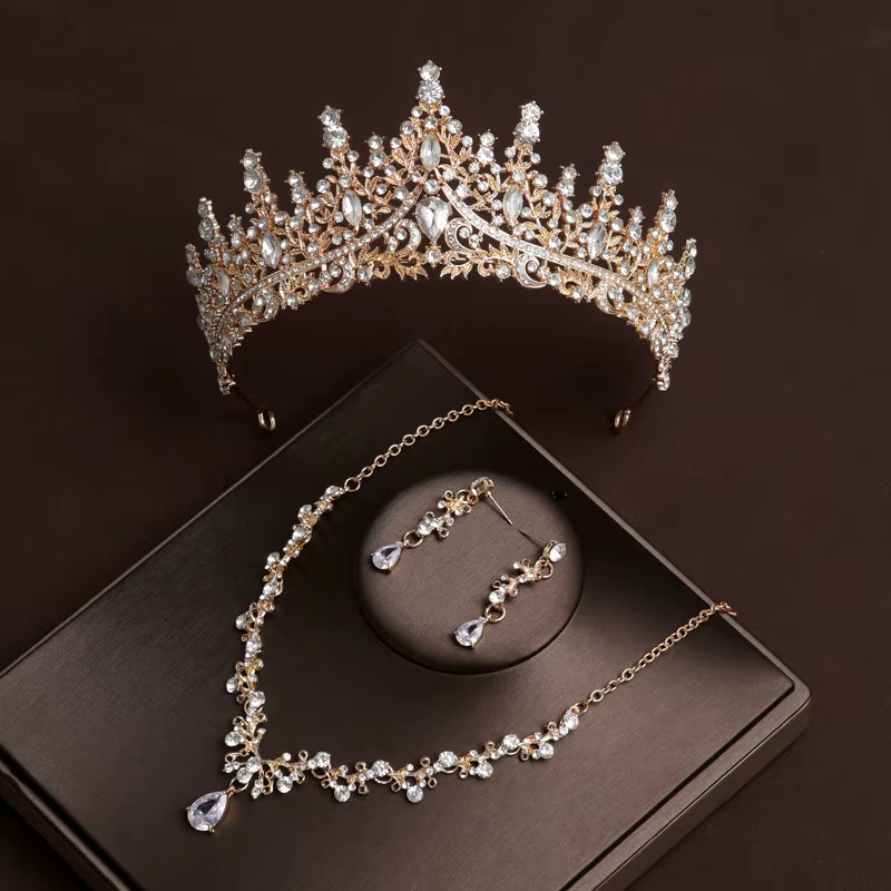 Itacazzo Bridal Headwear Set of Four Crown&Necklace&Earrings Gold-Colour Women'S Classic Wedding Tiaras