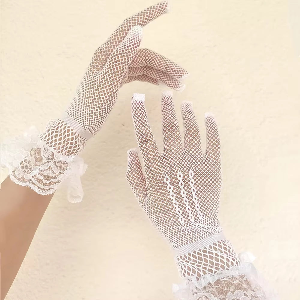 Black White Summer Uv-Proof Driving Gloves Female Thin Fishnet Mesh Gloves Fashion Ruffle Full Finger Lace Mittens