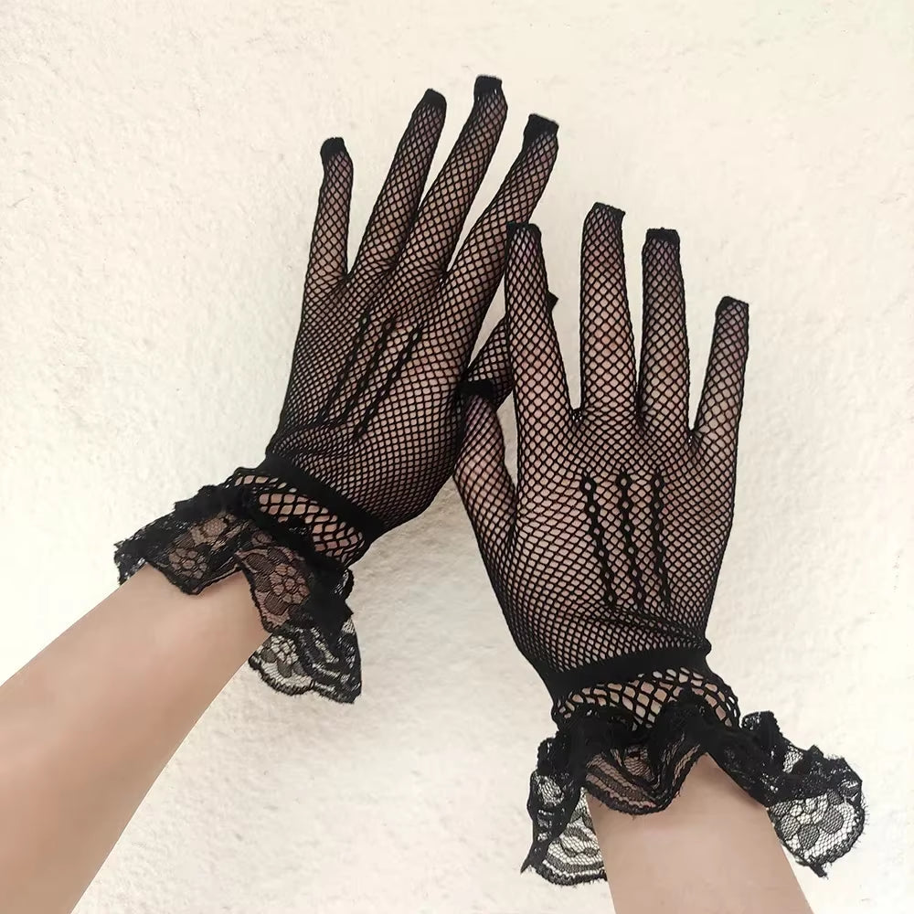 Black White Summer Uv-Proof Driving Gloves Female Thin Fishnet Mesh Gloves Fashion Ruffle Full Finger Lace Mittens