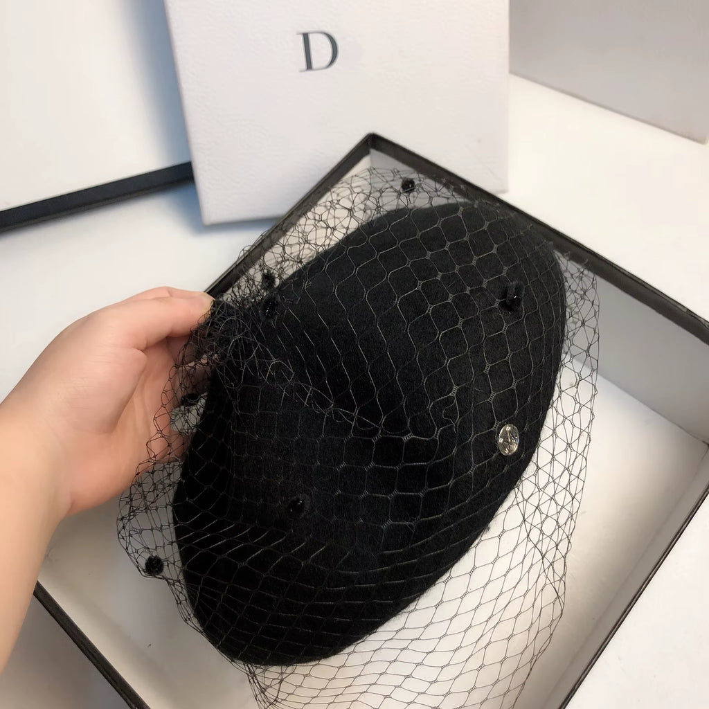 Fascinating Mesh Veil Wool Beret Autumn Winter Warm Beanie Hat Vintage Felt Casual Painter Hats Female French Berets Caps