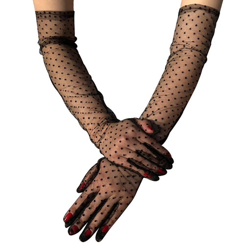 Fashion Sexy Women Black White Dot Lace Long Tulle Gloves Bride Wedding Stretchy Full Finger Transparent Thin Lady Mesh Gloves