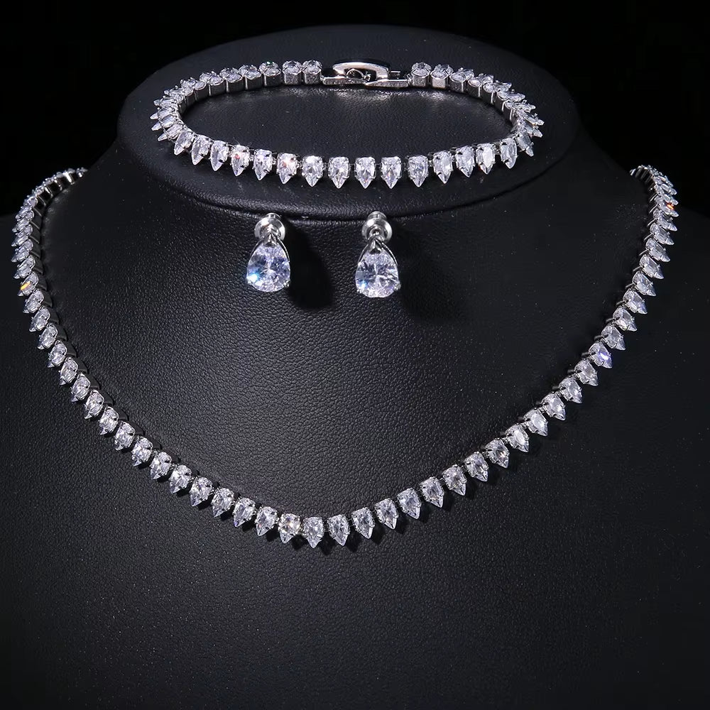 Gorgeous Buling AAA Clear round Cubic Zirconia Wedding Bridal Necklace Earrings Party Jewelry Set for Women
