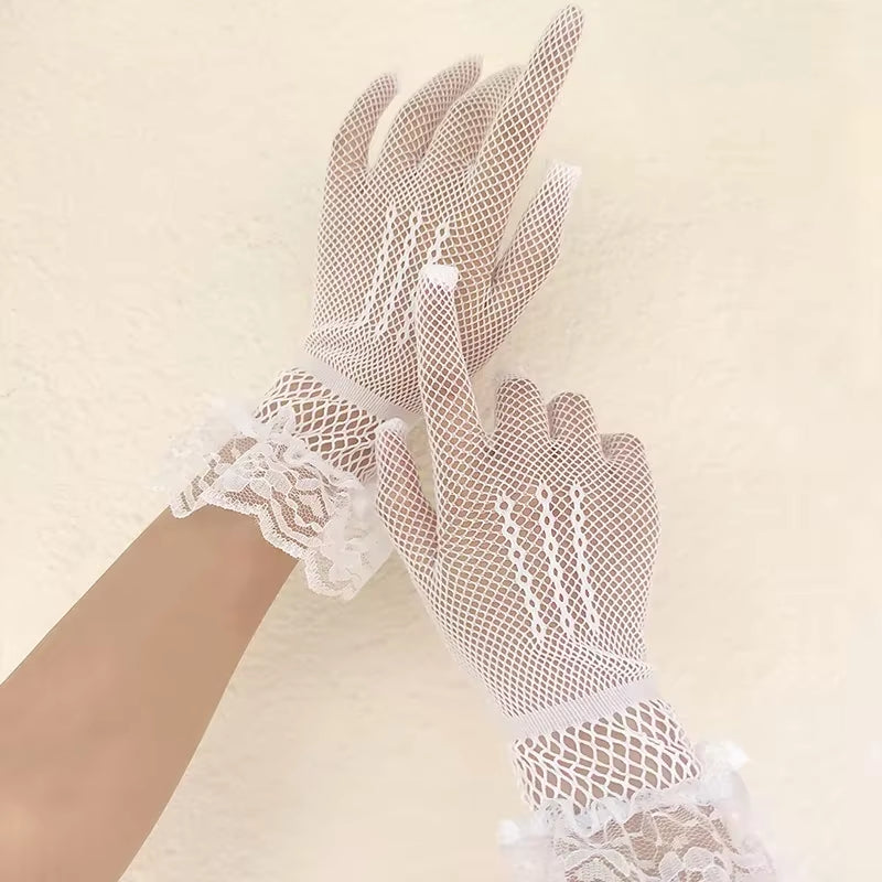 Black White Summer Uv-Proof Driving Gloves Female Thin Fishnet Mesh Gloves Fashion Ruffle Full Finger Lace Mittens