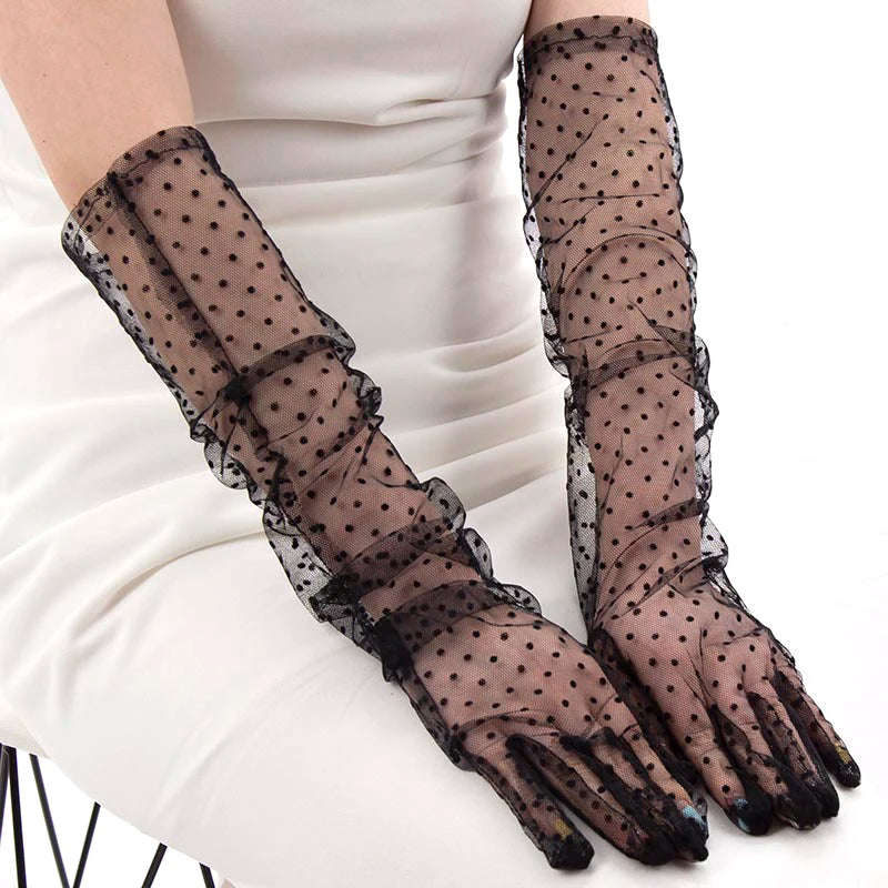Fashion Sexy Women Black White Dot Lace Long Tulle Gloves Bride Wedding Stretchy Full Finger Transparent Thin Lady Mesh Gloves