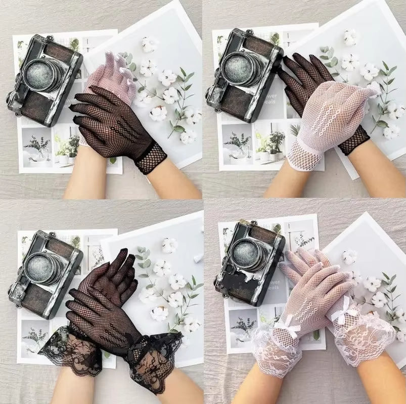 Sexy Lace Hollow Out Sunscreen Glove Women Ceremony Etiquette Black White Mesh Mittens Summer Thin Breathable Soft Elastic Glove