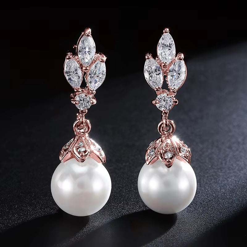 Fashion Sliver Color AAA CZ Pearl Dangle Earrings for Women Shiny Leaf Zircon Bridal Earring Wedding Party Jewelry