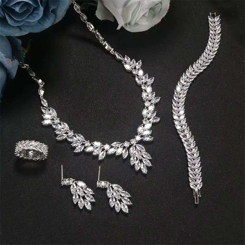Brand Sliver Color AAA Zirconia Bridal Jewelry Sets Luxury Flower Leaf Clear Zircon Earring Necklaces for Women