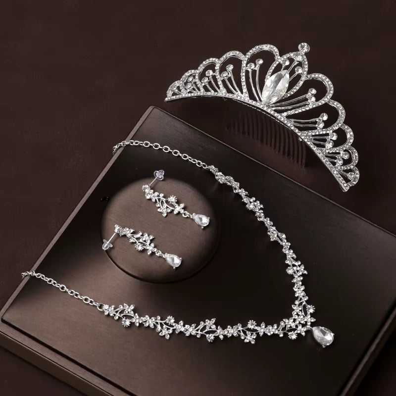 Itacazzo Bridal Headwear Set of Four Crown&Necklace&Earrings Gold-Colour Women'S Classic Wedding Tiaras