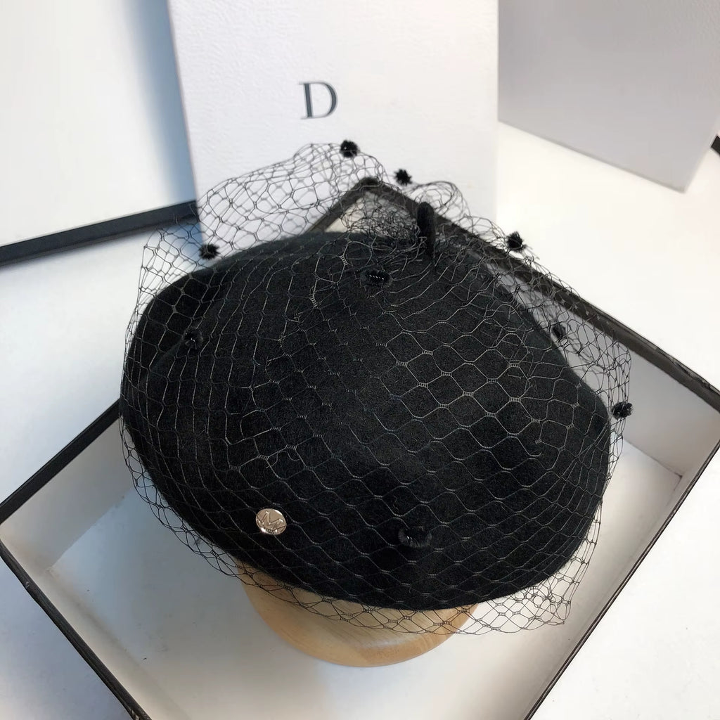 Fascinating Mesh Veil Wool Beret Autumn Winter Warm Beanie Hat Vintage Felt Casual Painter Hats Female French Berets Caps