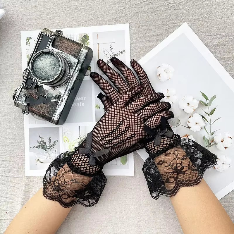 Sexy Lace Hollow Out Sunscreen Glove Women Ceremony Etiquette Black White Mesh Mittens Summer Thin Breathable Soft Elastic Glove
