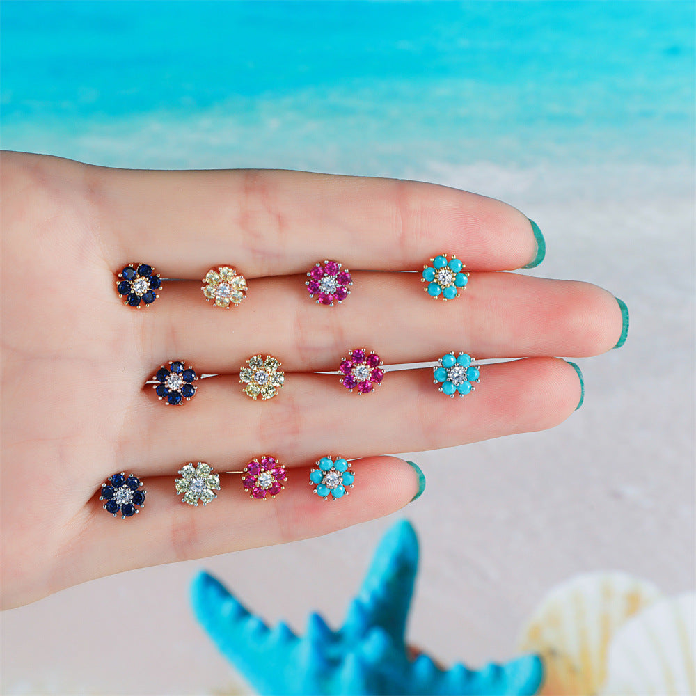 Pastoral Style Retro Two-tone Flower Ear Bone Stud 18K Gold Colorfast Small Earrings