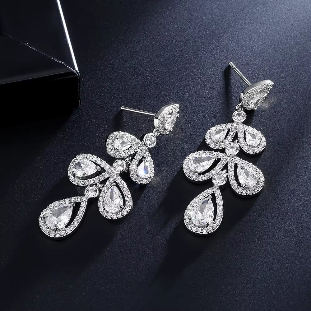 Elegant Marquise Zircon Leaf Shaped Drop Earrings for Women Shiny Clear Zircon Silver Color Bridal Earring Wedding Jewelry