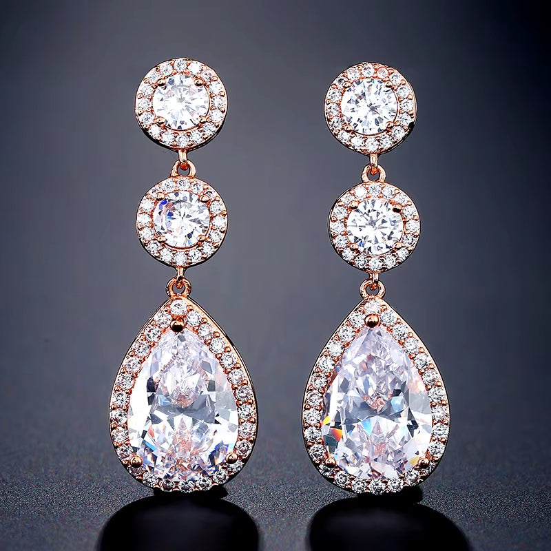 Luxury Zircon Wedding Long Dangle Earrings round Water Drop AAA CZ Bridal Wedding Jewelry for Women