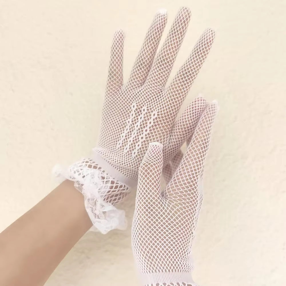 Black White Summer Uv-Proof Driving Gloves Female Thin Fishnet Mesh Gloves Fashion Ruffle Full Finger Lace Mittens