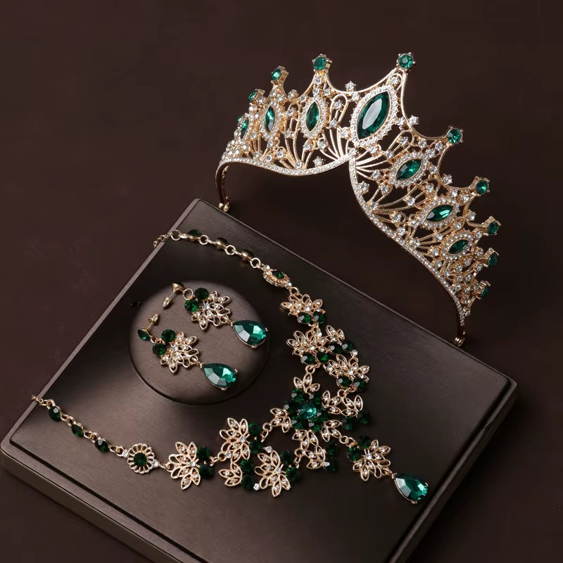 Itacazzo Bridal Headwear Set of Four Crown&Necklace&Earrings Gold-Colour Women'S Classic Wedding Tiaras