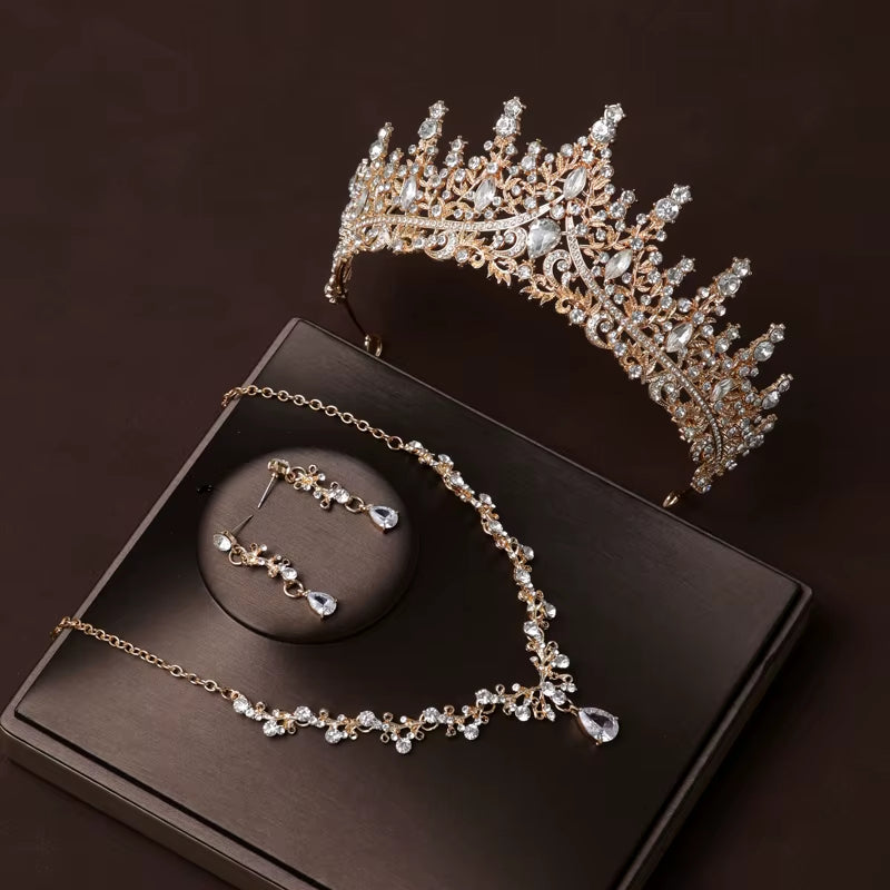 Itacazzo Bridal Headwear Set of Four Crown&Necklace&Earrings Gold-Colour Women'S Classic Wedding Tiaras