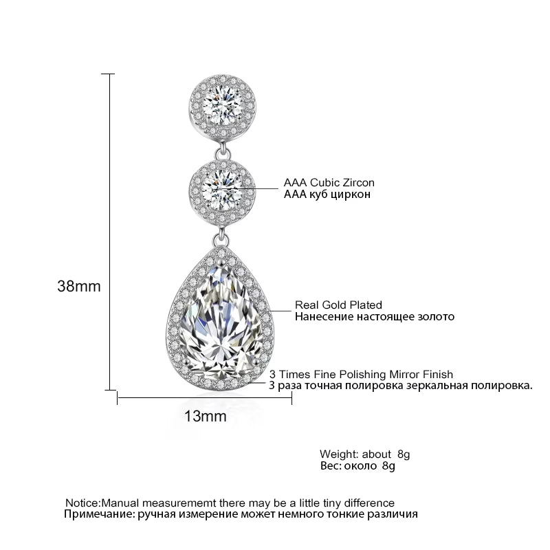Luxury Zircon Wedding Long Dangle Earrings round Water Drop AAA CZ Bridal Wedding Jewelry for Women