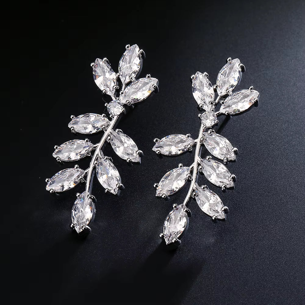 Elegant Marquise Zircon Leaf Shaped Drop Earrings for Women Shiny Clear Zircon Silver Color Bridal Earring Wedding Jewelry