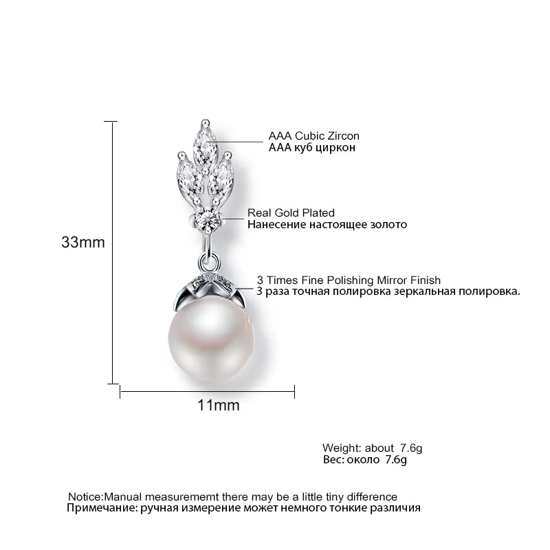 Fashion Sliver Color AAA CZ Pearl Dangle Earrings for Women Shiny Leaf Zircon Bridal Earring Wedding Party Jewelry