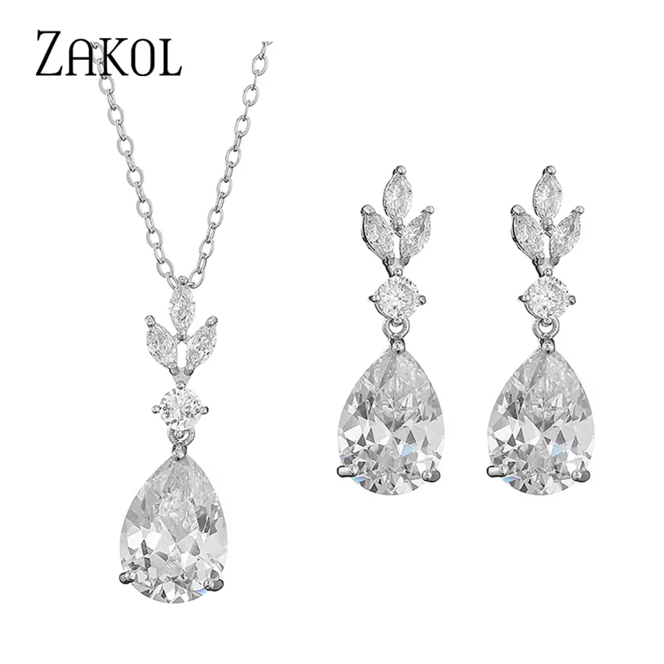 AAA Cubic Zirconia Leaf Dangle Earrings Necklace for Women Luxury Bridal Wedding Jewelry Set