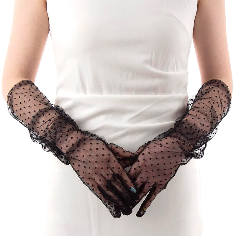 Fashion Sexy Women Black White Dot Lace Long Tulle Gloves Bride Wedding Stretchy Full Finger Transparent Thin Lady Mesh Gloves