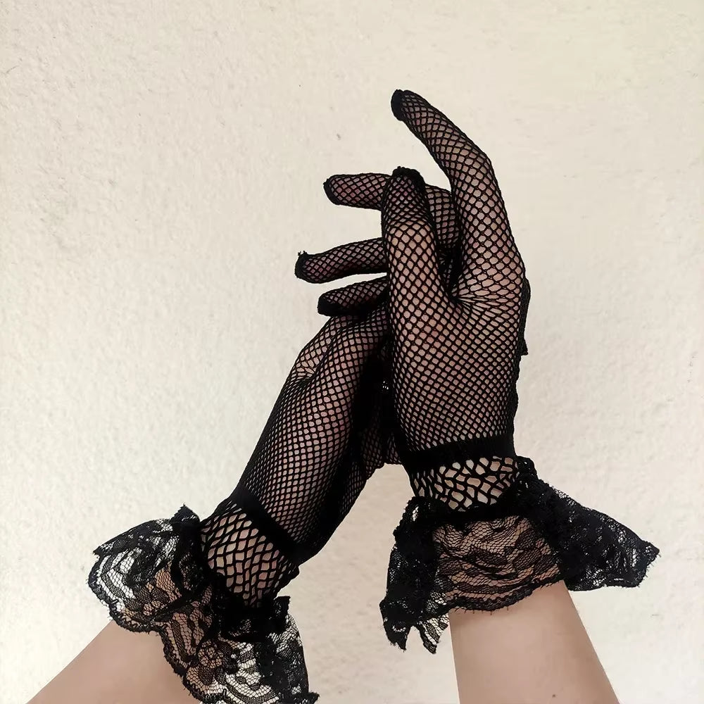 Black White Summer Uv-Proof Driving Gloves Female Thin Fishnet Mesh Gloves Fashion Ruffle Full Finger Lace Mittens